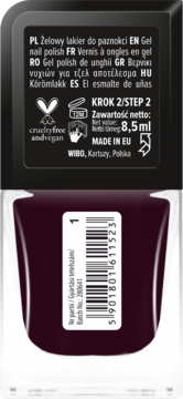 Butelka żelowego lakieru do paznokci WIBO w kolorze ciemnego burgundu. Tył opakowania z etykietą i kodem.
