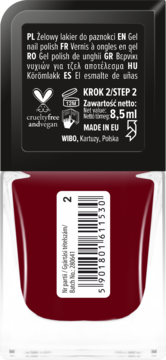 Ciemnoczerwony żelowy lakier do paznokci WIBO, butelka z tyłu z etykietą, 8,5 ml, cruelty-free, vegan.