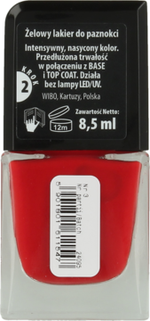 Czerwony żelowy lakier do paznokci WIBO w szklanej butelce, widok z tyłu z etykietą i kodem kreskowym, 8,5 ml.