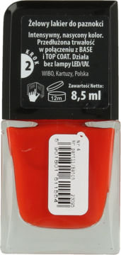 Tył czerwonego żelowego lakieru do paznokci Wibo, 8,5ml, z czarną nakrętką i etykietą z opisem działania bez lampy UV.