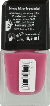Różowy lakier żelowy Wibo, tył butelki z czarną nakrętką i białymi etykietami. Widoczny kod kreskowy i pojemność 8,5ml.