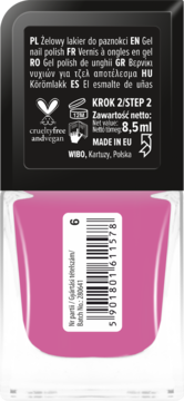Tył różowego żelowego lakieru do paznokci 8,5ml. Widoczna etykieta: cruelty-free, Made in EU, numer partii i kod kreskowy.