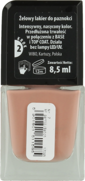 Tył opakowania żelowego lakieru do paznokci w kolorze nude, z widocznym kodem kreskowym i napisem 8,5 ml.