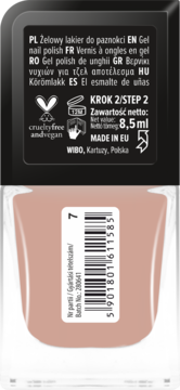 Tył beżowego żelowego lakieru do paznokci WIBO 8.5ml, z certyfikatami cruelty-free i vegan, Made in EU.