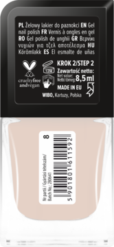 Tył jasnobeżowego lakieru żelowego Wibo, 8.5ml. Widoczne opisy, logo cruelty-free/vegan, kod kreskowy i batch.