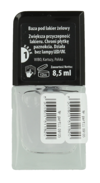 Tył butelki bazy pod lakier żelowy WIBO 8,5 ml, z czarną etykietą, opisem działania i kodami kreskowymi.