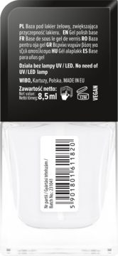 Tył białej butelki bazy żelowej Wibo 8,5ml. Czarna etykieta z napisem: 'No need of UV/LED lamp' i 'VEGAN'.
