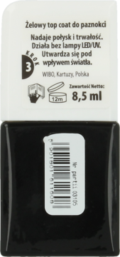 Wibo żelowy top coat do paznokci, czarna butelka, widok na tylną białą etykietę z opisem i kodem kreskowym.