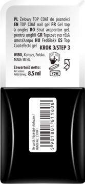 Czarny top coat WIBO, tył opakowania z etykietą, kodem kreskowym, opisem produktu i pojemnością 8.5ml.