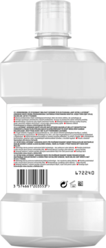 Tył białej butelki Listerine Advanced White płynu do płukania ust z czytelną etykietą, kodem kreskowym i numerem seryjnym L672240.