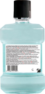 Tył butelki Listerine Cool Mint płynu do płukania ust, turkusowa z widoczną etykietą, kodem i ikonami.