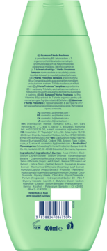 Tył zielonej butelki szamponu Schauma 7 Herbs do włosów normalnych, z listą składników.