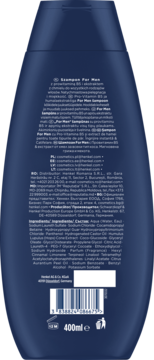 Ciemnoniebieska butelka szamponu Schauma For Men 400ml, tył opakowania z widoczną listą składników i tekstem.