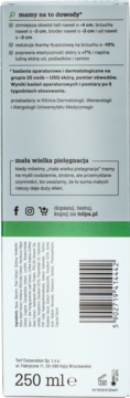 Tył białego opakowania wyszczuplającego dermokosmetyku tołpa 250 ml, z widocznymi obietnicami i składem.