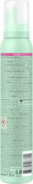 Tył jasnozielonej puszki Schwarzkopf Taft Volume spray do włosów, z białą nasadką i etykietą ze składnikami.