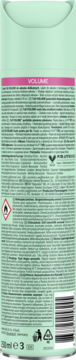 Tył zielonej butelki Schwarzkopf Taft Volume lakieru do włos&oacute;w z r&oacute;żowaą etykietą i kodem kreskowym.
