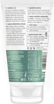 Tył białej tubki odżywki-serum Tołpa do włosów z zielonym dołem i opisem składników, 150 ml.