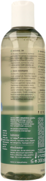 Tył przezroczystej butelki szamponu micelarnego tołpa. green, z zielonym napisem i pojemnością 300 ml.