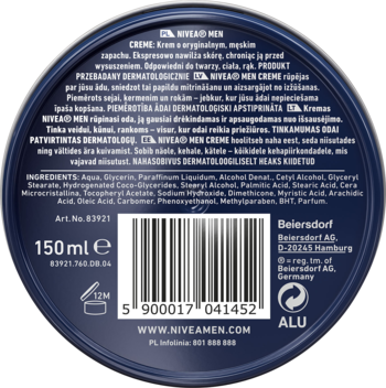 Tył opakowania NIVEA MEN Creme 150 ml, widok z góry, widoczna lista składników i kod kreskowy.