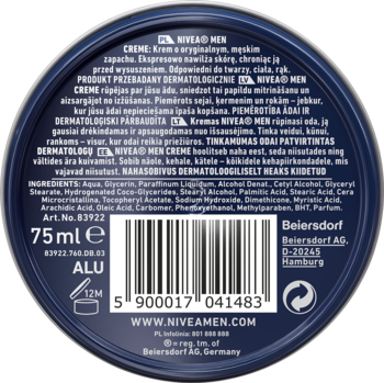 Tył okrągłego opakowania kremu NIVEA MEN 75ml, z etykietą zawierającą składniki i kod kreskowy.