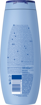Niebieski żel pod prysznic NIVEA Creme Smooth, tył opakowania z etykietą, kodem kreskowym, 500 ml.