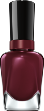 Lakier Sally Hansen Miracle Gel 480 Wine Stock, bordowy, butelka z czarnym korkiem, błyszczące wykończenie, widok z przodu.