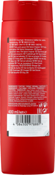 Tył czerwonej butelki żelu pod prysznic Old Spice Original 400ml z etykietą ze składnikami i kodem kreskowym.