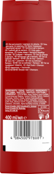 Tył opakowania czerwonego żelu pod prysznic Old Spice Original 400 ml, z listą składników i kodem kreskowym.