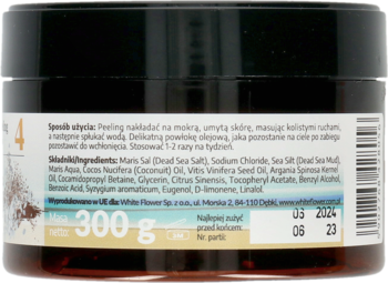 Tył słoika peelingu solno-błotnego z Morza Martwego 300g, widoczna etykieta z polskimi składnikami.
