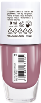 Tył butelki szybko schnącego lakieru Wibo 8ml w odcieniu przydymionego różu, z opisem i kodem EAN.