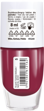 Wibo szybkoschnący lakier do paznokci 8 ml, burgundowy, widok z tyłu z kodem kreskowym i napisem VEGAN.