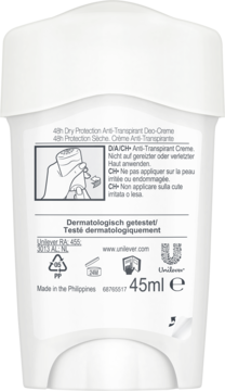 Tył białego antyperspirantu w kremie Rexona Max Protection, etykieta z napisem 48h Dry Protection, 45ml.