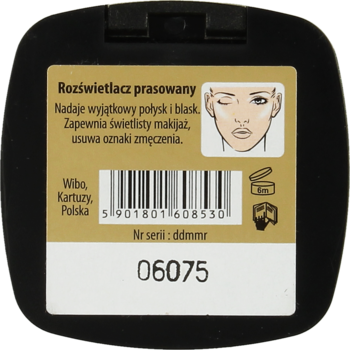 Tył czarnego, kwadratowego rozświetlacza prasowanego Wibo z opisem produktu, kodem kreskowym i numerem serii.