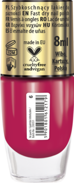 Tył butelki szybko schnącego lakieru do paznokci Wibo w kolorze fuksji. Widoczne 8ml, crueltyfree andvegan, kod kreskowy.