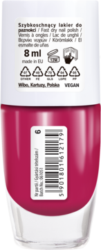 Tył buteleczki 8ml różowego lakieru do paznokci Fast Dry, z etykietą, kodem kreskowym i napisem VEGAN.