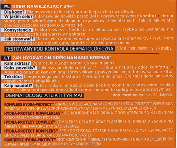 Górna część pomarańczowego opakowania kremu L'Oreal Men Expert HYDRA 24H z białym tekstem, testowany dermatologicznie.
