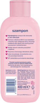 Tył różowego szamponu Bambino 400ml, widoczny opis składników i właściwości, certyfikat Matki Polki.