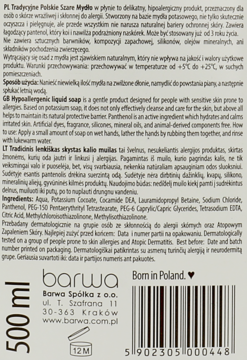Tył beżowej butelki Barwa Tradycyjne Polskie Szare Mydło 500ml, z tekstem opisu i kodem kreskowym.