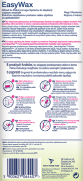 Tył opakowania Veet EasyWax z instrukcją użycia wosku do depilacji, schematami aplikacji i kodem kreskowym.