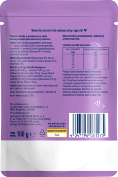 Tył fioletowej saszetki Winston Delikatne danie, mokra karma 100g dla dorosłych kotów z kaczką, bez cukru i zbóż.