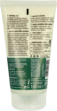 Tył zielono-białej tubki odżywki-maski Tołpa z torfem, widoczne instrukcje użycia i lista składników, 150 ml.