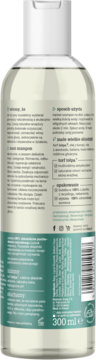 Tył szamponu Tołpa 300ml do włosów osłabionych: przezroczysta butelka, biała nakrętka, etykieta z opisem i składnikami.