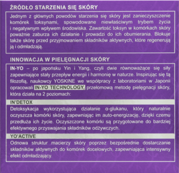 Tył opakowania kremu Yoskine, fioletowo-zielone, z opisem technologii In-Yo, In’Detox i Yo’Active.