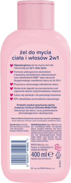 Różowa butelka Nivea Bambino żel do mycia ciała i włosów 2w1 400ml, widok z tyłu z pełną listą składników.