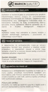 Product leaflet for egg-shaped make-up sponge with 'MARKEN QUALITÄT' header, describing features in Polish, Hungarian, Czech.