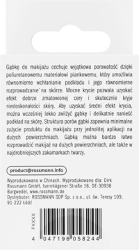 Tył białego opakowania gąbki do makijażu Rossmann, z opisem zastosowania, danymi producenta i kodem kreskowym.