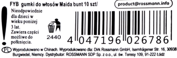 Etykieta gumek do włosów FYB Maida 10 sztuk z ostrzeżeniem dla dzieci i kodem kreskowym 4047196026786.