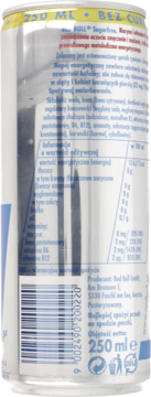 Tył puszki Red Bull Sugarfree 250 ml, srebrne opakowanie z białymi etykietami, widoczna tabela wartości odżywczych i kod kreskowy.