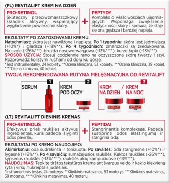 Reklama Revitalift Krem na dzień. Biała ulotka z tekstem o Pro-Retinolu, Peptydach i małych opakowaniach.