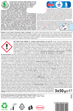 Widok z tyłu opakowania zawieszek toaletowych Bref, biały karton z instrukcjami, symbolami ostrzegawczymi, 3x50g.